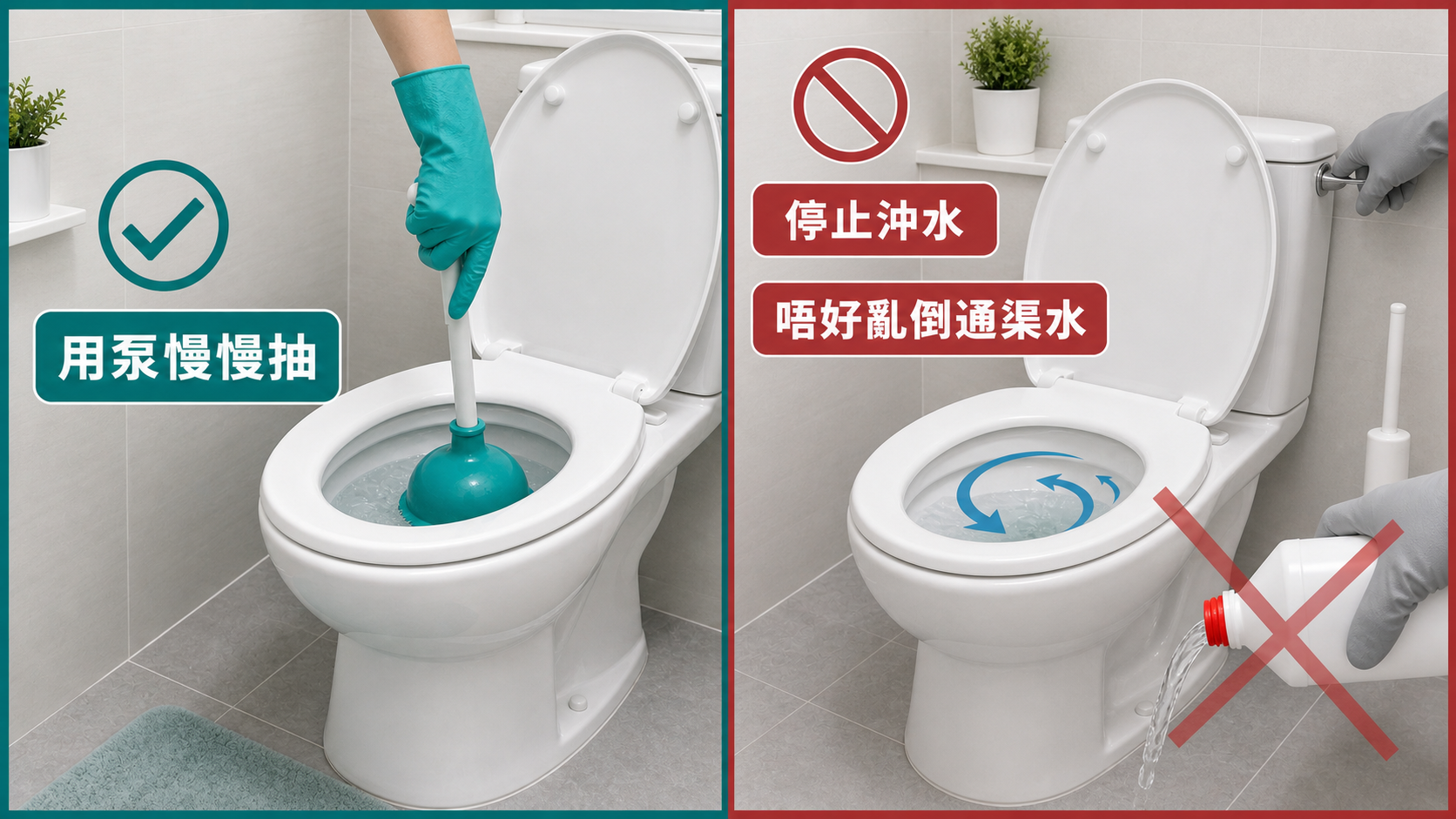 座廁塞咗自救：停止沖水、用泵慢慢抽、唔好亂倒通渠水