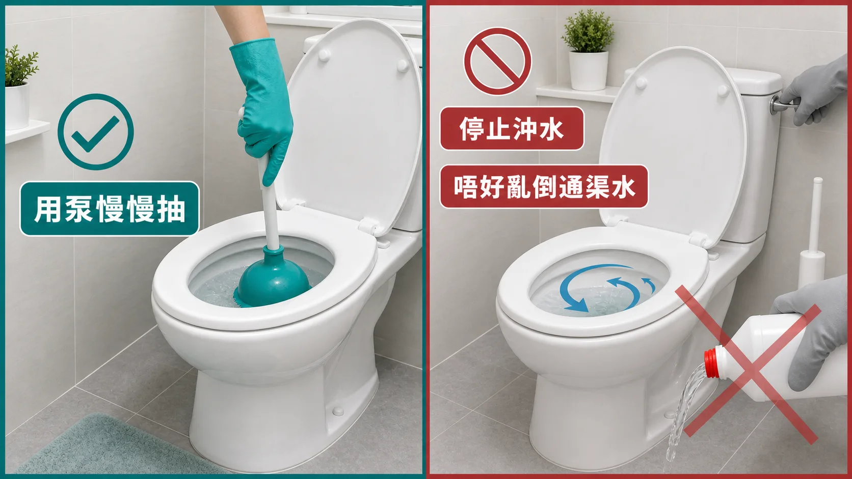 座廁塞咗自救:停止沖水、用泵慢慢抽、唔好亂倒通渠水