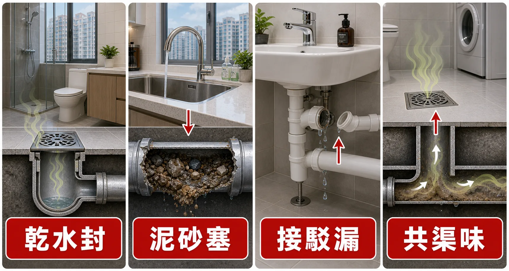 將軍澳新樓渠味四個常見原因:乾水封、泥砂塞、接駁漏、共渠味