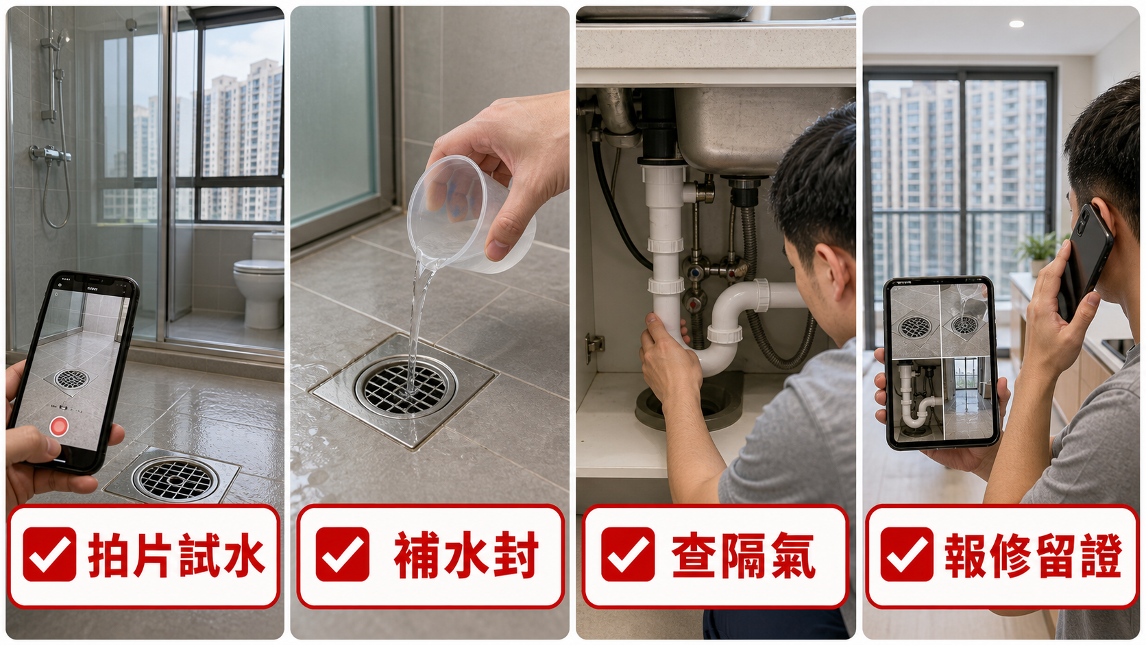 將軍澳新樓渠味處理四步:拍片試水、補水封、查隔氣、報修留證