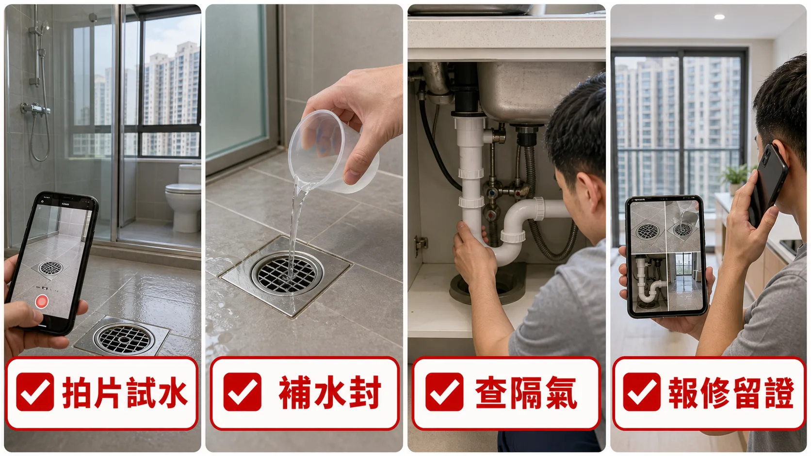 將軍澳新樓渠味處理四步:拍片試水、補水封、查隔氣、報修留證
