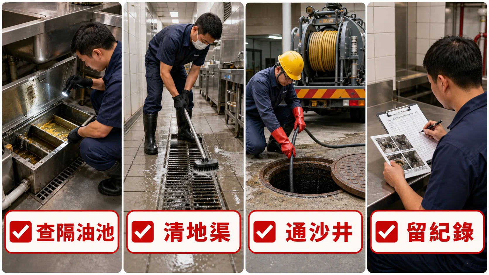 荃灣工廈渠道保養流程:查隔油池、清地渠、通沙井、留紀錄