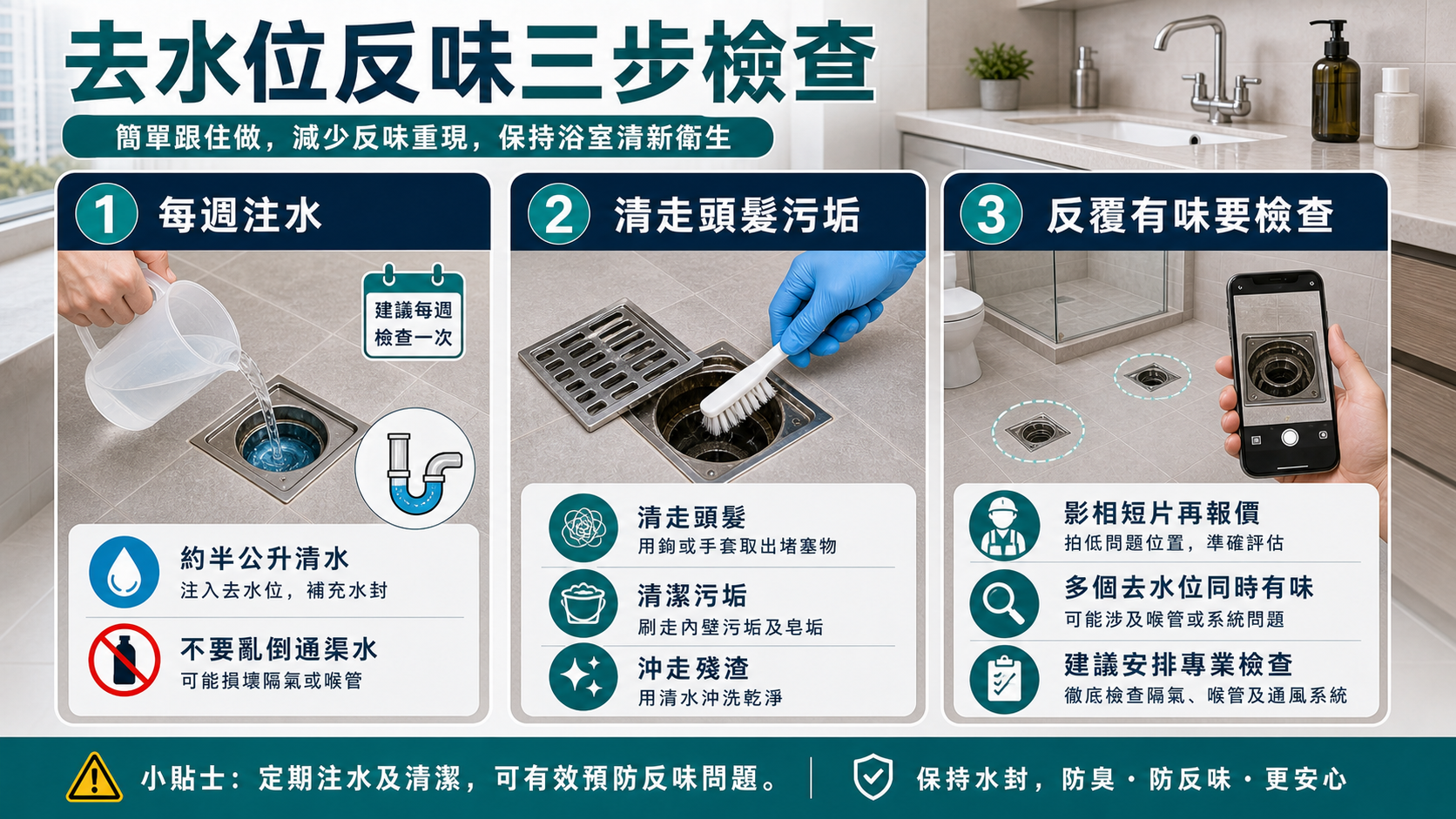去水位反味三步檢查：每週注水、清走頭髮污垢、反覆有味要安排專業檢查