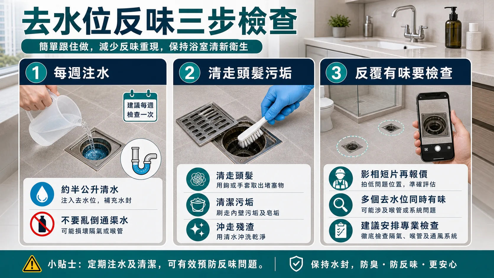去水位反味三步檢查：每週注水、清走頭髮污垢、反覆有味要安排專業檢查