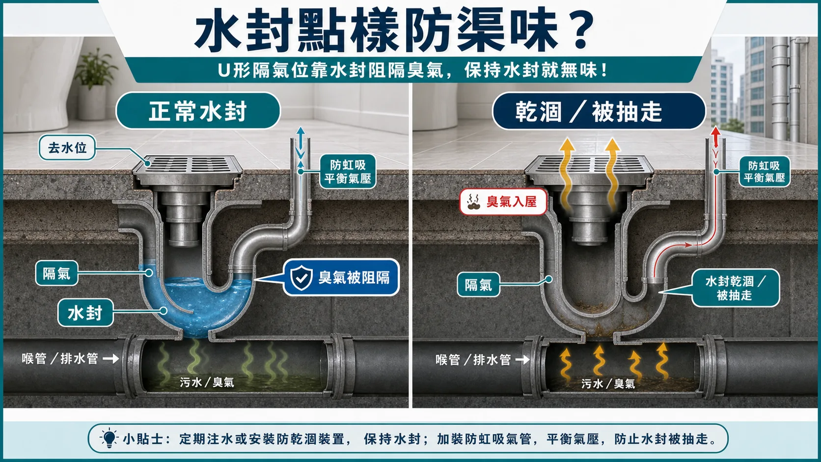 U形隔氣水封如何阻隔渠味，以及水封乾涸或被抽走後臭氣入屋