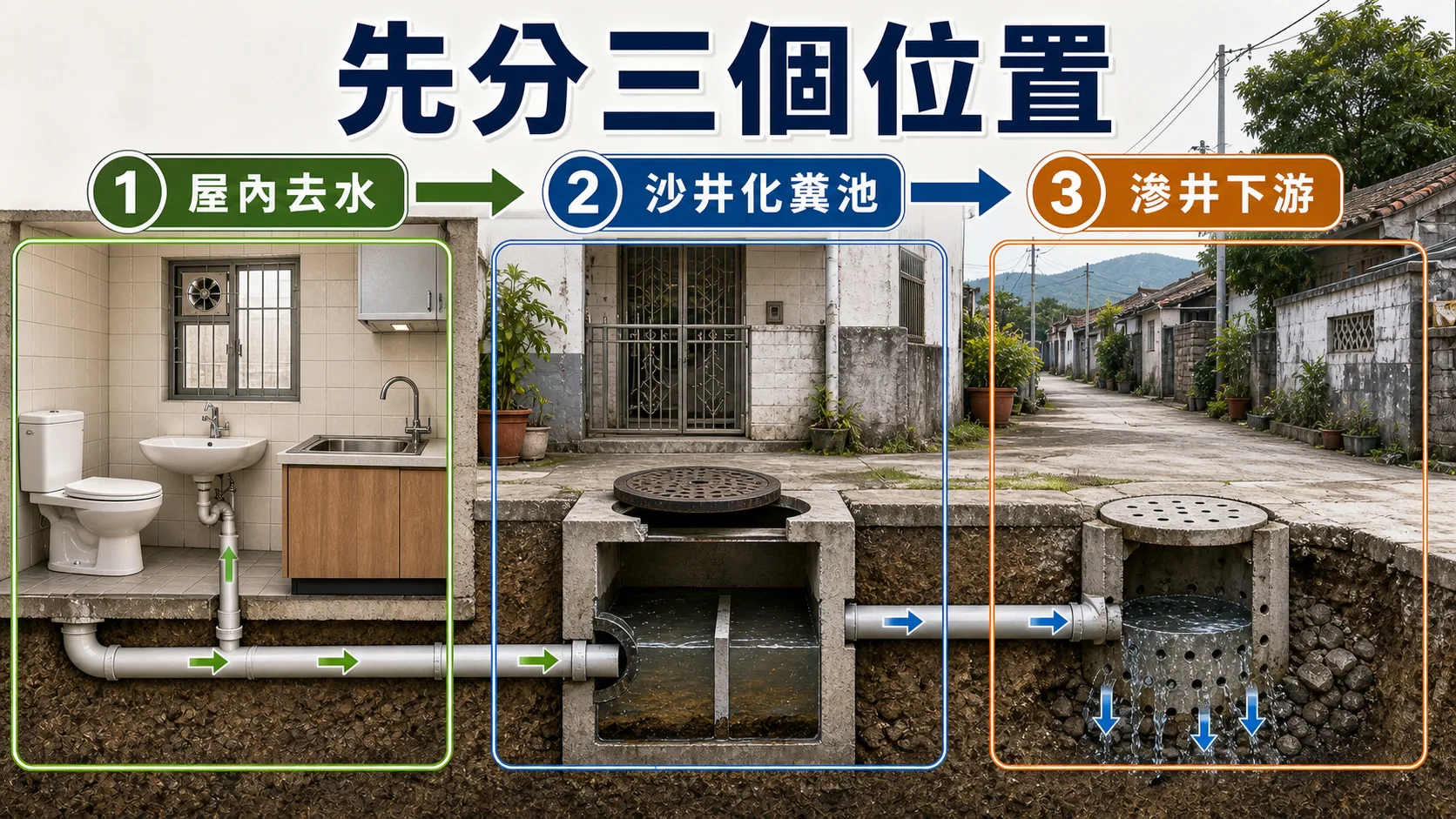 村屋渠務先分三個位置:屋內去水、沙井化糞池、滲井下游