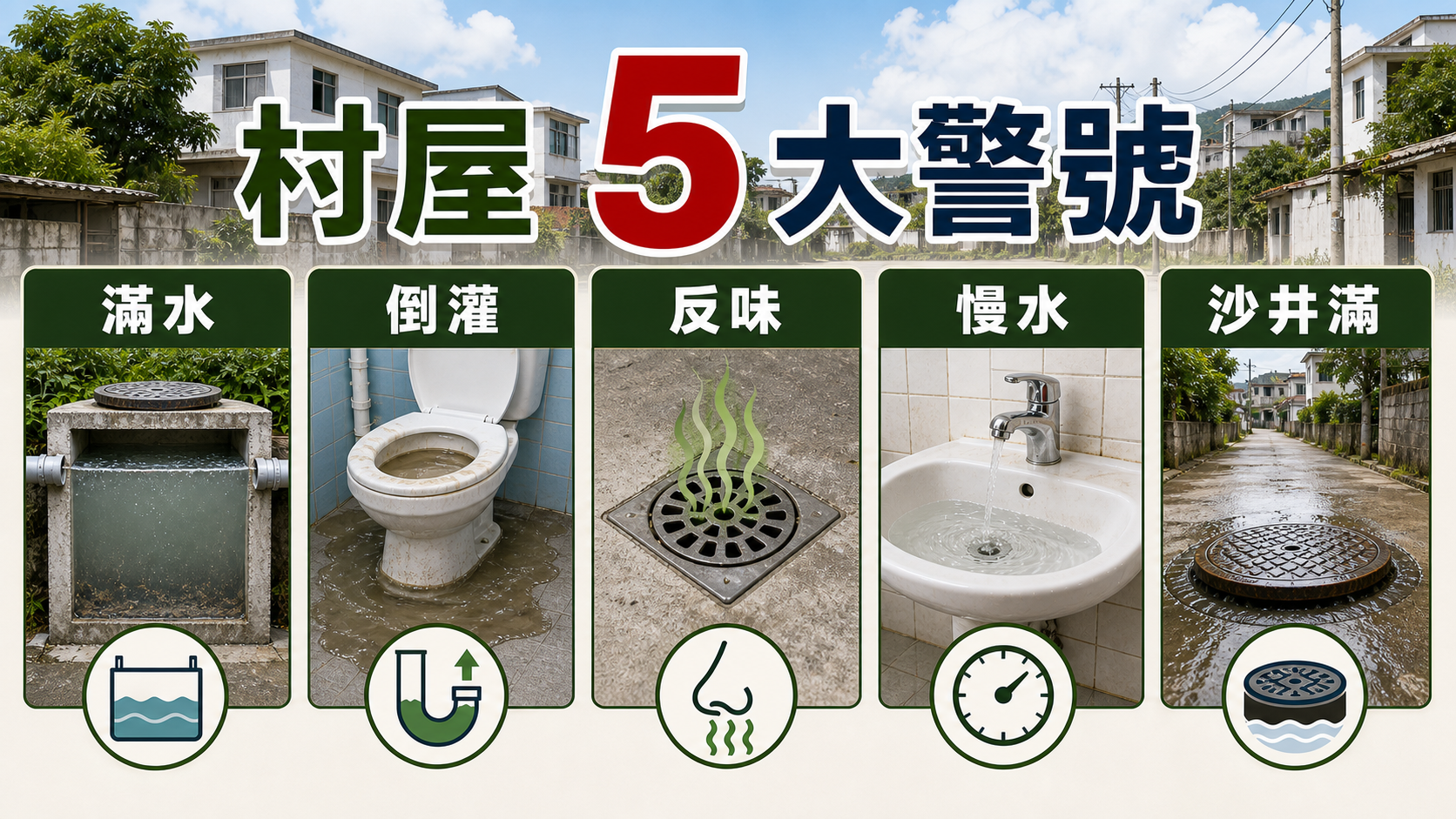村屋化糞池和去水渠五大警號：滿水、倒灌、反味、慢水、沙井滿