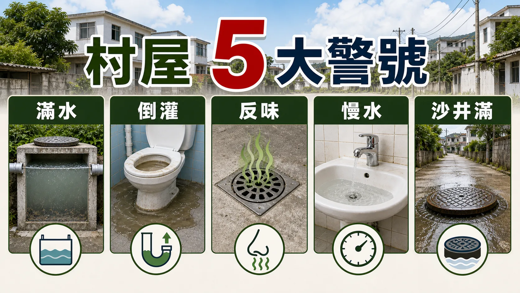 村屋化糞池和去水渠五大警號:滿水、倒灌、反味、慢水、沙井滿