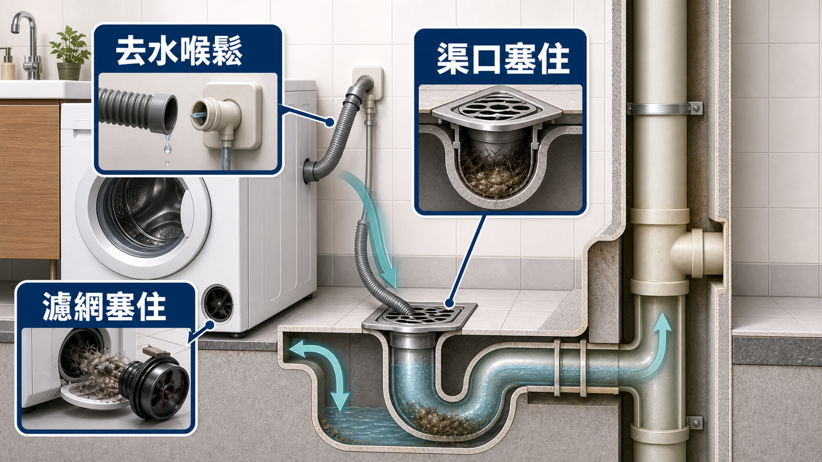 洗衣機去水倒灌常見原因，包括去水喉鬆、渠口塞住和濾網塞住