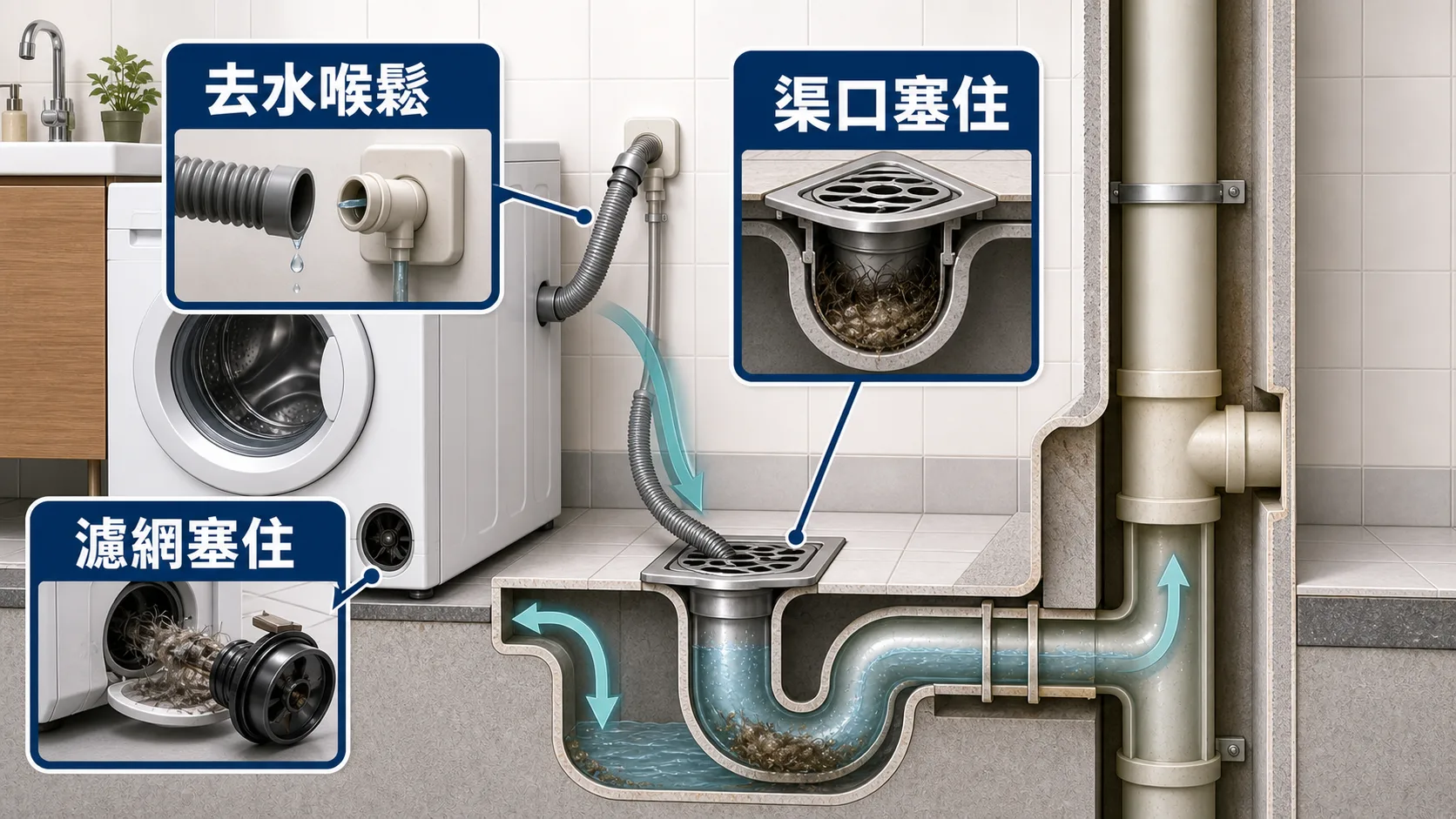 洗衣機去水倒灌常見原因，包括去水喉鬆、渠口塞住和濾網塞住