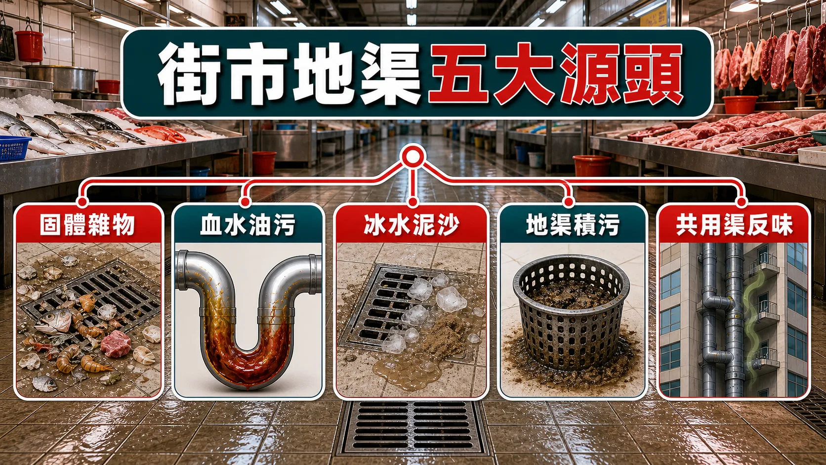 街市魚檔肉檔地渠臭味常見原因包括固體雜物、血水油污、冰水泥沙、地渠積污和共用渠反味