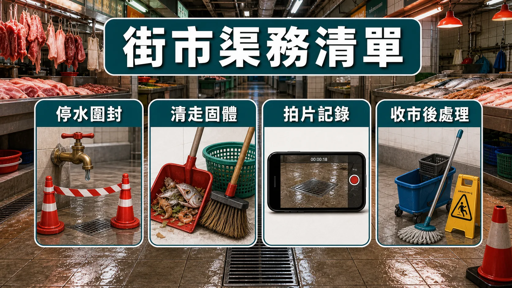 街市地渠渠務清單包括停水圍封、清走固體、拍片記錄和收市後處理