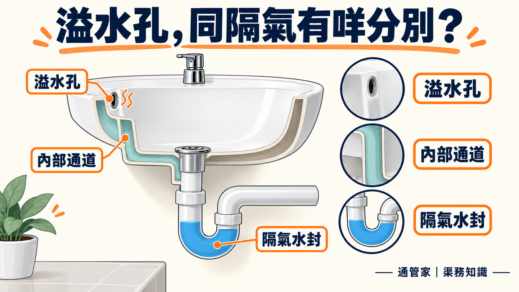 洗手盆概念剖面：溢水孔連接內部通道，排水再經隔氣水封