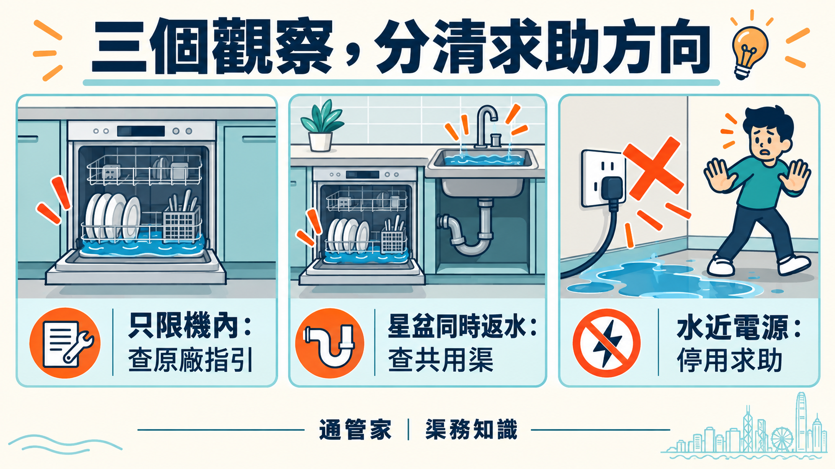 洗碗機積水分流:機內問題、星盆共同返水及水近電源需停用求助