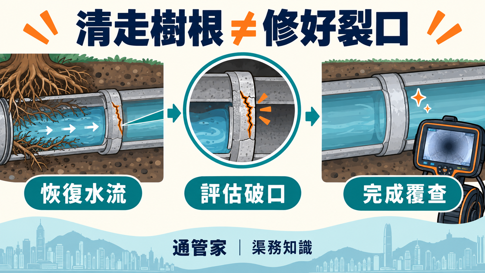 樹根處理概念:先恢復通水,再評估裂口及完成覆查