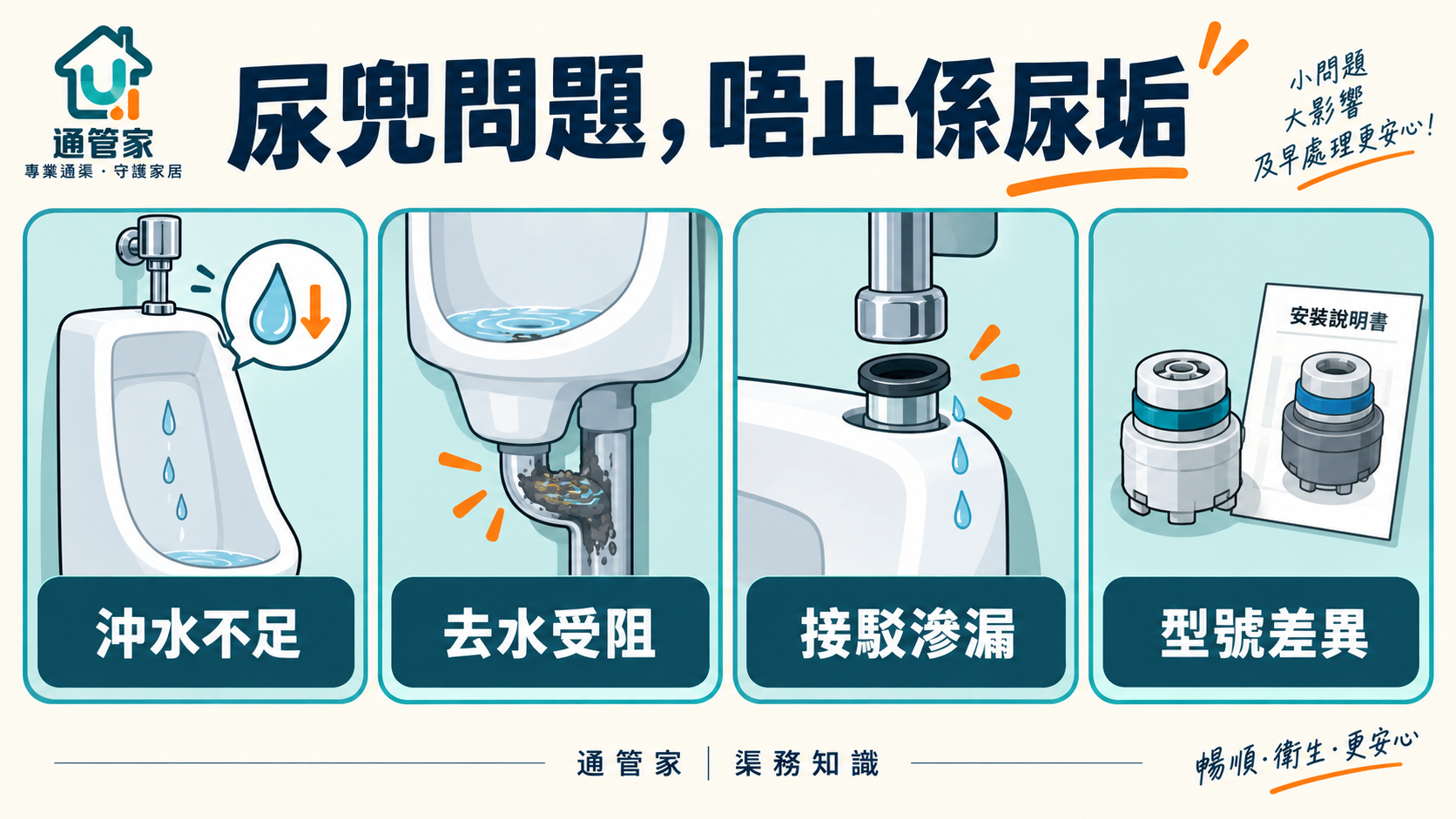 尿兜問題四類:沖水不足、去水受阻、接駁滲漏及型號配件差異