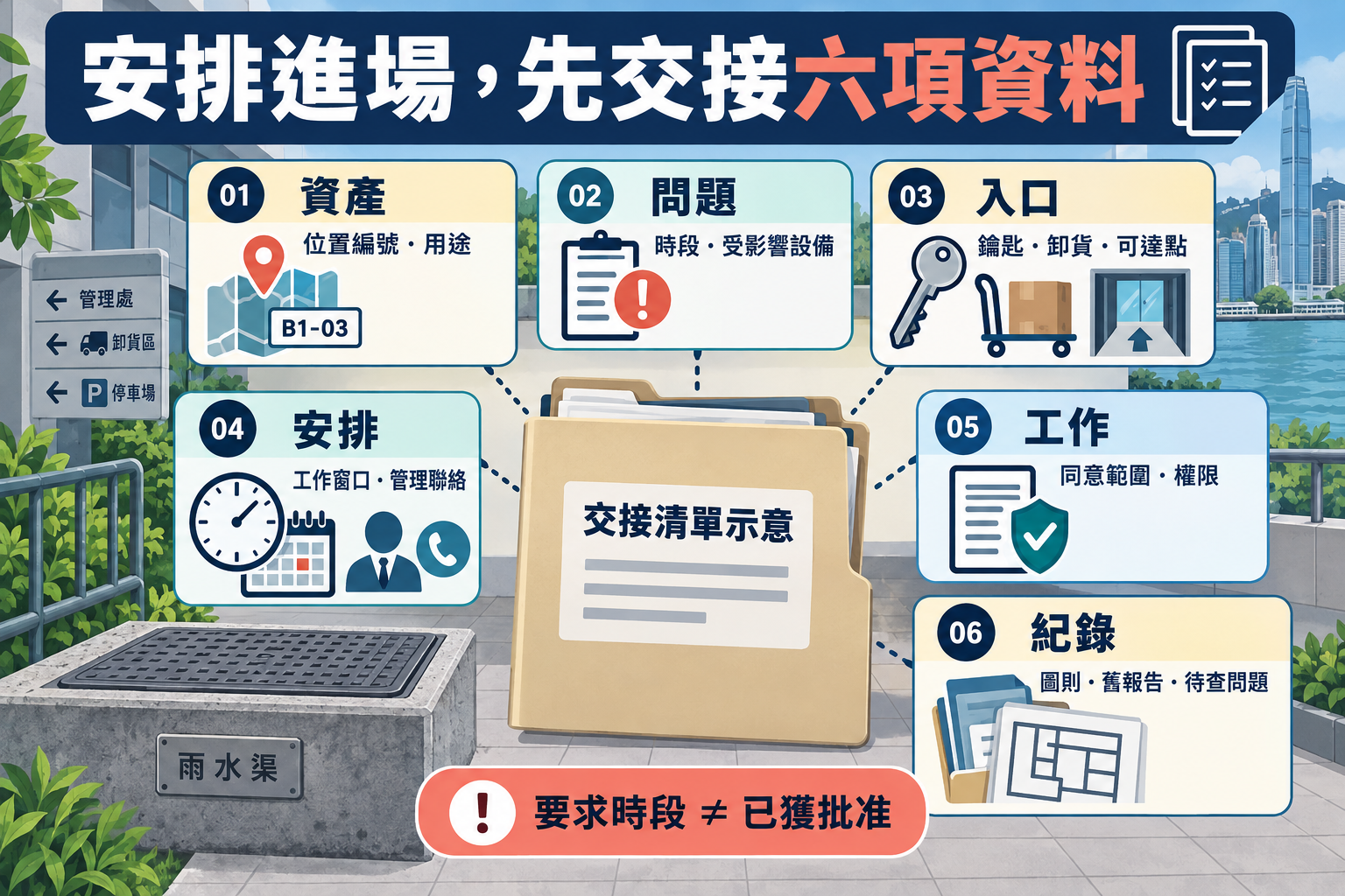 工商渠務進場交接六項資料:資產、問題、入口、安排、工作與紀錄