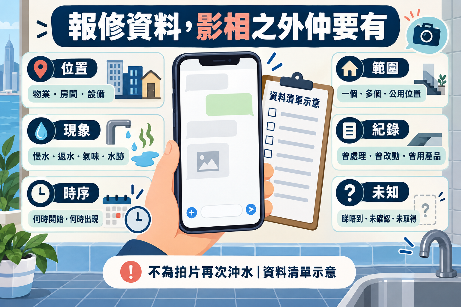 報修資料六個欄目:位置、現象、時序、範圍、既有紀錄及未知事項